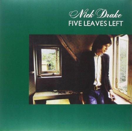 The product image shows the cover of a vinyl record album titled 'Nick Drake FIVE LEAVES LEFT'. The album cover features a green background with a picture of a young man standing by a window.