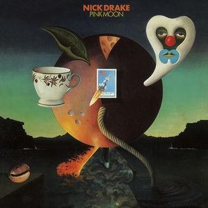 Nick Drake 'Pink Moon' vinyl album cover features a whimsical illustration with a cup, moon, and various abstract elements, rendered in a dreamlike and artistic style.