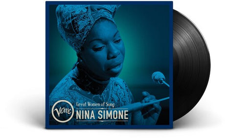 A vinyl record cover featuring a monochrome image of Nina Simone with a microphone, titled 'Great Women of Song' by Nina Simone.