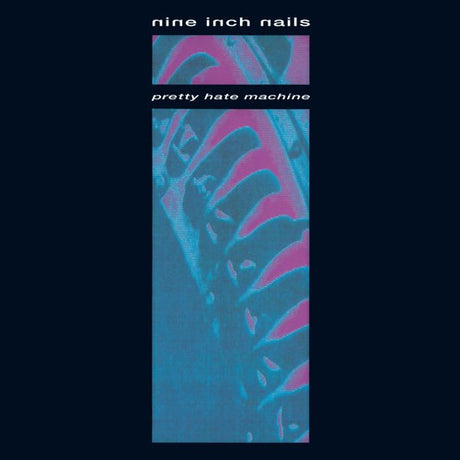 Cover art for Nine Inch Nails album 'Pretty Hate Machine' showing abstract pink and blue shapes on a dark background with the band name and album title text.