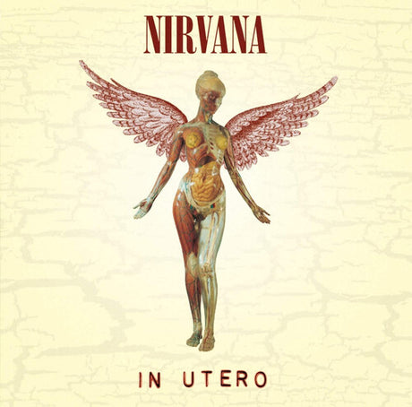 The album cover of 'Nirvana - In Utero' featuring an artistic depiction of a winged figure on a beige background.