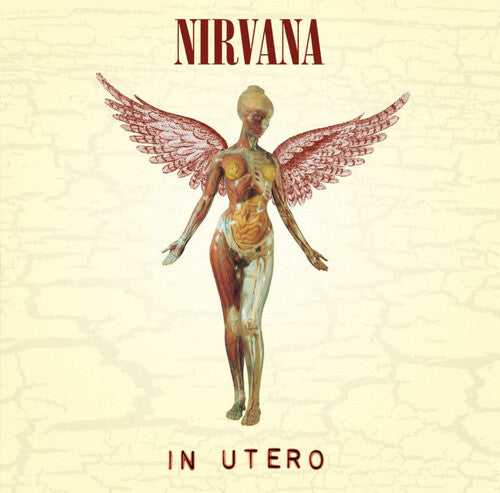 The album cover of 'Nirvana - In Utero' featuring an artistic depiction of a winged figure on a beige background.