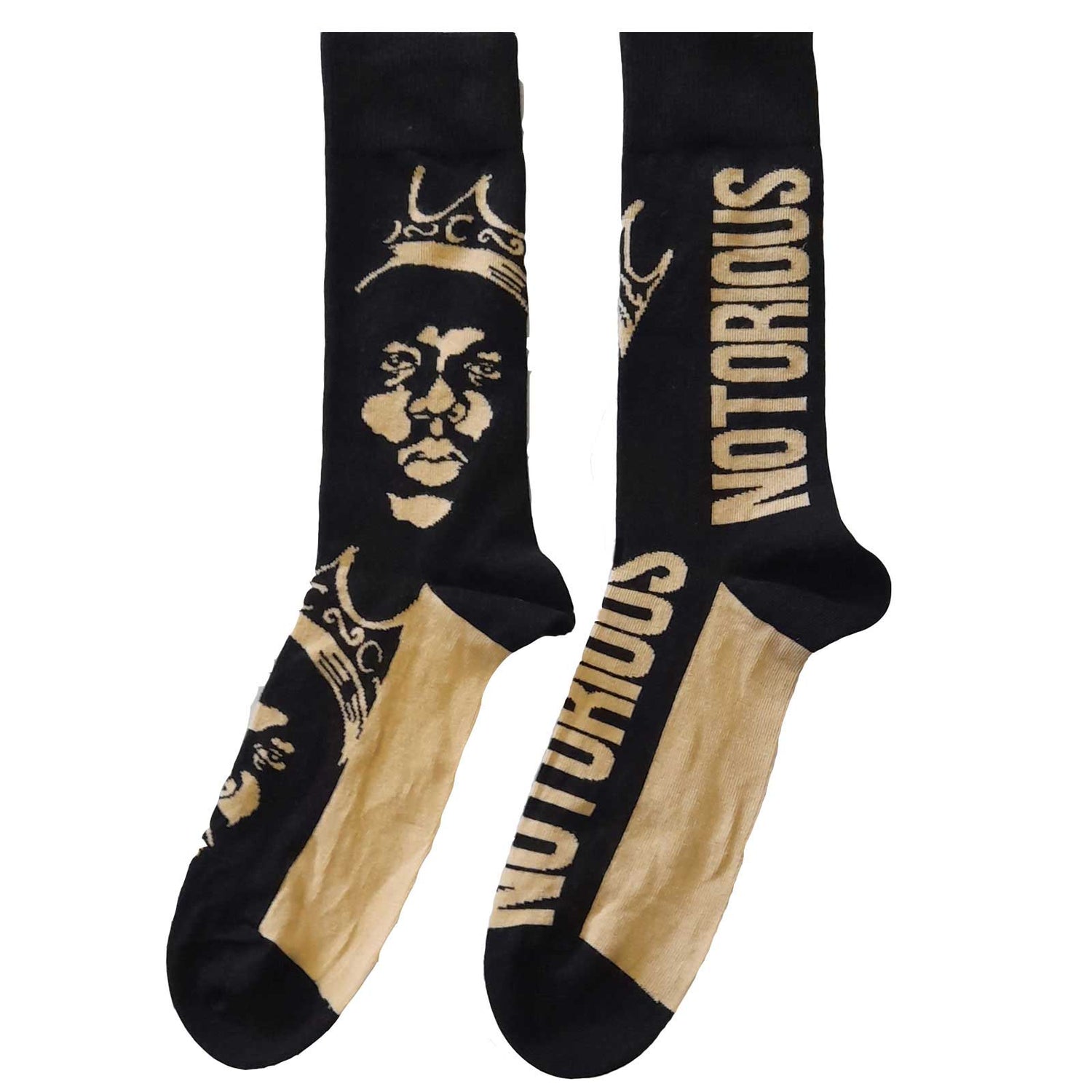 A pair of black and white socks with an all-over pattern featuring the Notorious BIG - Biggie Smalls design.
