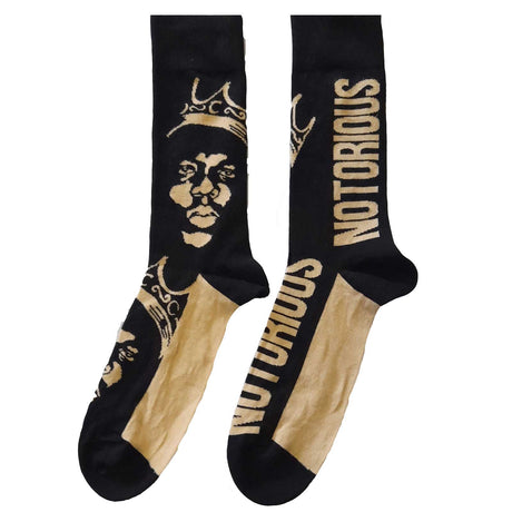A pair of black and white socks with an all-over pattern featuring the Notorious BIG - Biggie Smalls design.