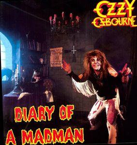 Ozzy Osbourne album 'Diary Of A Madman' cover art featuring Ozzy in a dramatic pose with a microphone, surrounded by stage props.