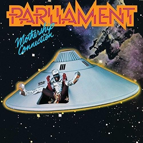 Parliament - Mothership Connection album cover featuring an illustration of a spaceship with band members inside against a space backdrop.
