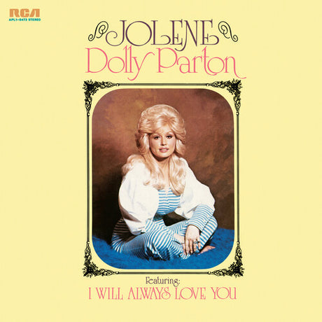 A vinyl record cover featuring a portrait of Dolly Parton with the title 'Jolene' written on the lower part of the cover.