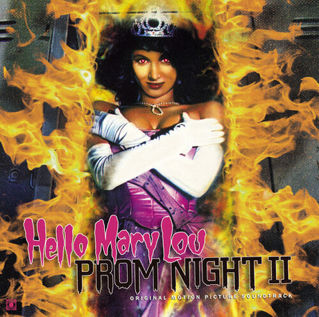 This image features the cover of the vinyl record "Prom Night 2," composed by Paul Zaza. The cover artwork is striking with its dark, moody background that includes a fiery, explosive graphic element extending upwards, enhancing the dramatic flair.
