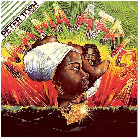 The cover art for the vinyl record 'Mama Africa' by Peter Tosh features a stylized illustration of a female figure with a bandana and a necklace, set against a vibrant, multicolored background with the title 'PETER TOSH' at the top.