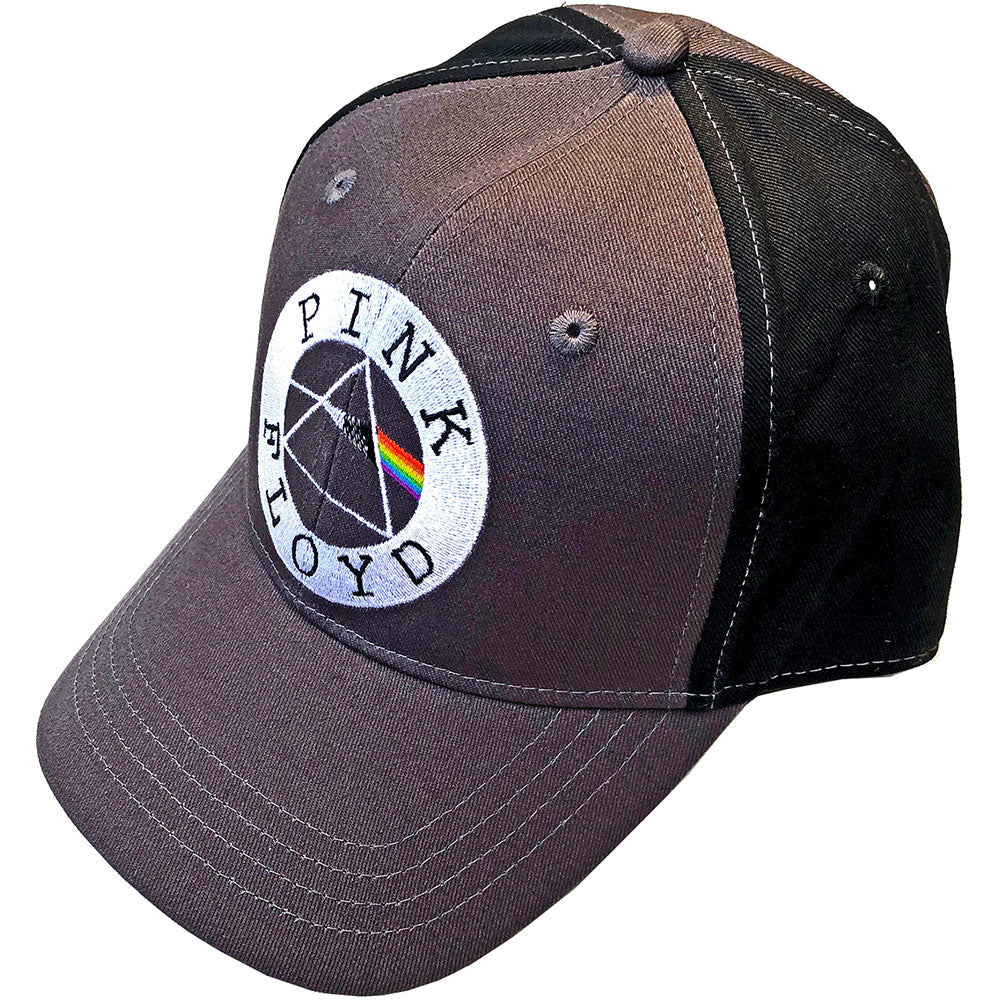 A 2-tone baseball cap in charcoal grey and black with an embroidered logo of Pink Floyd on the front.