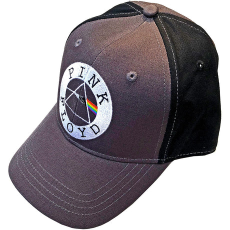 A 2-tone baseball cap in charcoal grey and black with an embroidered logo of Pink Floyd on the front.