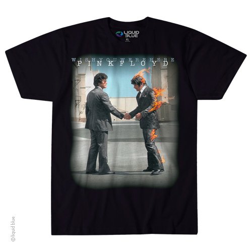 A black T-shirt featuring an image of two men shaking hands with one holding a cigar, and flames in the background.