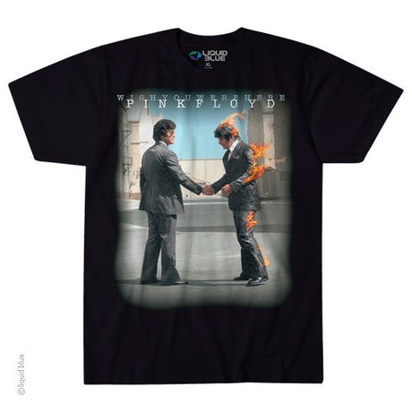 A black T-shirt featuring an image of two men shaking hands with one holding a cigar, and flames in the background.