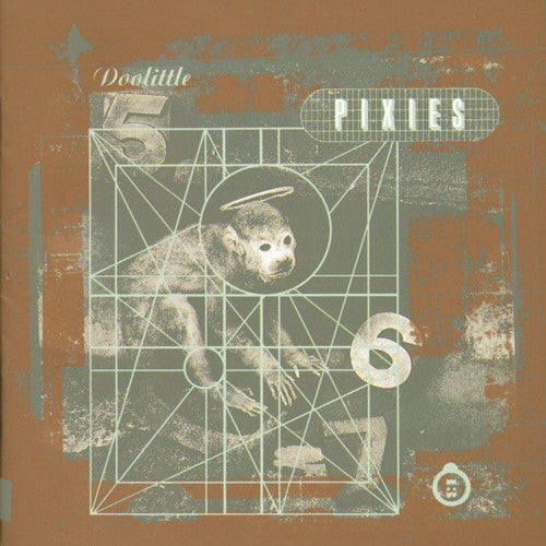 Album cover art for Pixies - Doolittle featuring a collage of a monkey, geometric shapes, and abstract elements in a brown color palette.