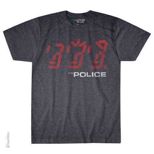 A gray t-shirt with 'The Police' text and a red and white graphic design on the front.