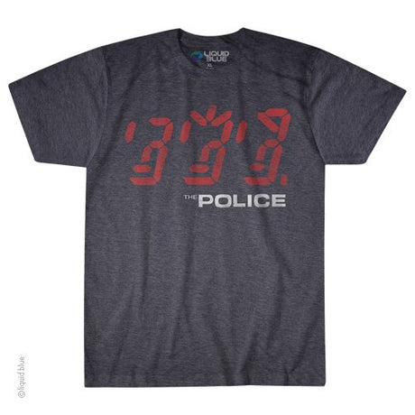 A gray t-shirt with 'The Police' text and a red and white graphic design on the front.