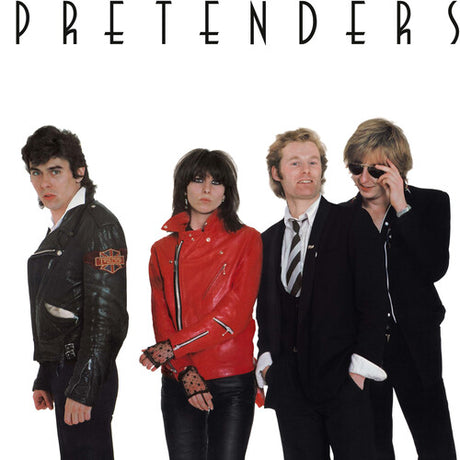 The image features the cover art for the Pretenders' self-titled debut album. The band members are pictured, with Chrissie Hynde in the center wearing a red leather jacket, accompanied by from left to right: James Honeyman-Scott in a black leather jacket, Pete Farndon in a white shirt, and Martin Chambers in a black suit.