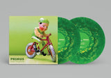 Vinyl record set with green cover featuring a character on a bike, on a gray background