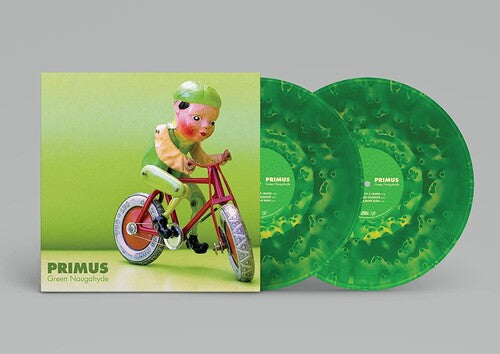 Vinyl record set with green cover featuring a character on a bike, on a gray background
