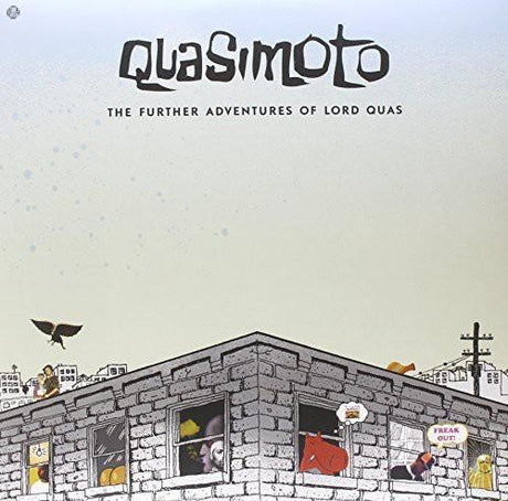 Album cover art for Quasimoto's 'The Further Adventures of Lord Quas' featuring a cartoonish illustration of a cityscape with various characters and elements.
