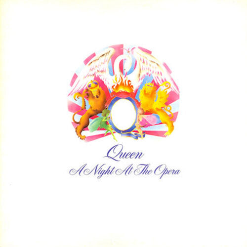 Album cover for Queen's 'A Night At The Opera' featuring a colorful emblem design with the band's name.