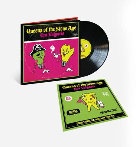 Vinyl record and cover artwork for Queens of the Stone Age album 'Era Vulgaris'. The cover features cartoonish character illustrations in vibrant colors.
