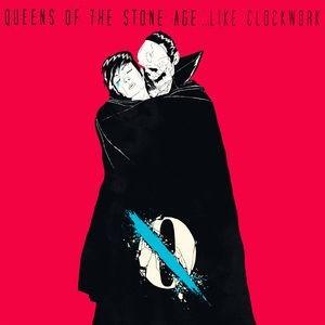 Album cover art for Queens of the Stone Age - Like Clockwork featuring an illustration of two individuals embracing.