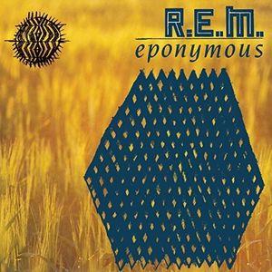 Album cover for R.E.M. Eponymous with Blue letters and an orange and yellow background. 