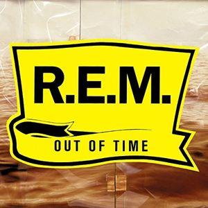 A yellow vinyl record labeled 'R.E.M. Out Of Time' with album details.