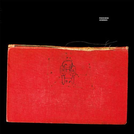 A red vinyl record of Radiohead - Amnesiac with the album cover showing the Radiohead logo and a unique graphic design.