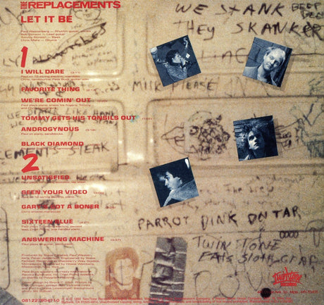 The rear cover of The Replacements vinyl record 'Let It Be' showing headshots of the band members along with song titles and credits in text.