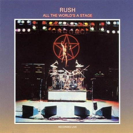 Limited double 200gm heavyweight vinyl LP pressing of Rush album All The Worlds A Stage with a live concert image on the cover.