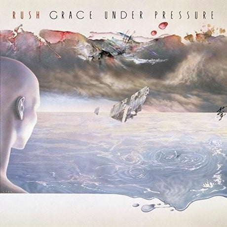 This image features the album cover for "Grace Under Pressure" by Rush, depicting a moody and evocative artwork. The cover showcases an ethereal image of a human figure with a meditative expression, set against a dreamy and dramatic background.