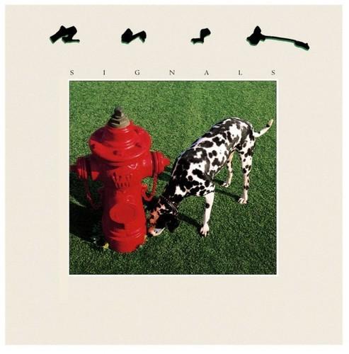 Album cover of Rush - Signals featuring a dalmatian dog next to a red fire hydrant on a green background.