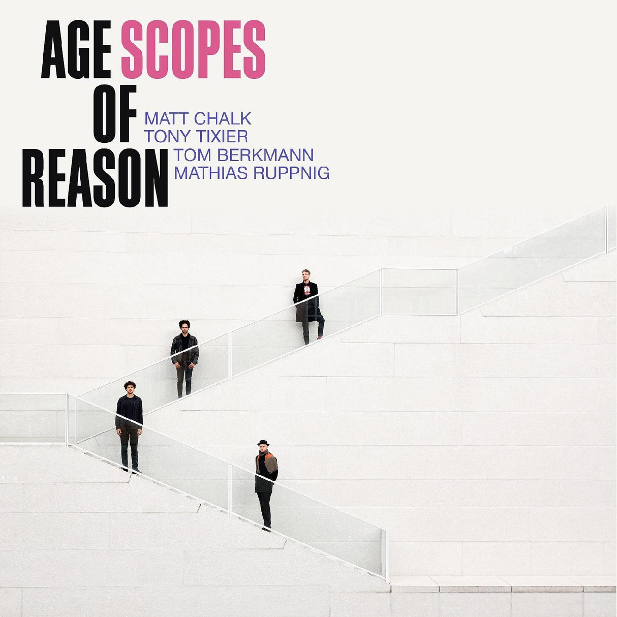 Album cover for SCOPES featuring a minimalist design with the band members in a staircase, against a white background. The album title 'Age of Reason' is prominently displayed.