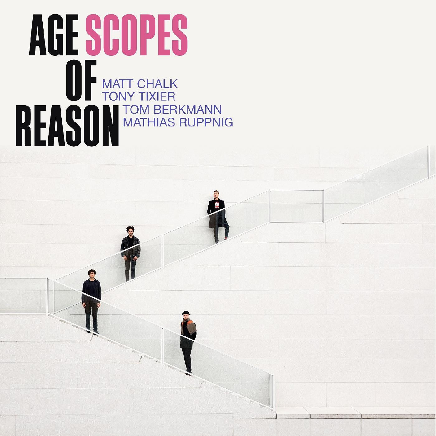 Album cover for SCOPES featuring a minimalist design with the band members in a staircase, against a white background. The album title 'Age of Reason' is prominently displayed.