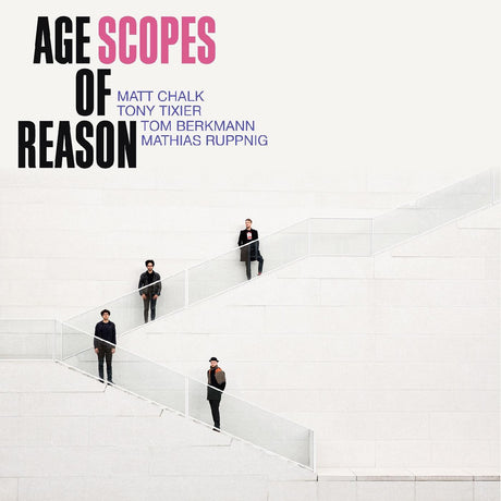 Album cover for SCOPES featuring a minimalist design with the band members in a staircase, against a white background. The album title 'Age of Reason' is prominently displayed.