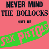 Album cover for Sex Pistols - Never Mind The Bollocks, featuring black and green text on a pink background.