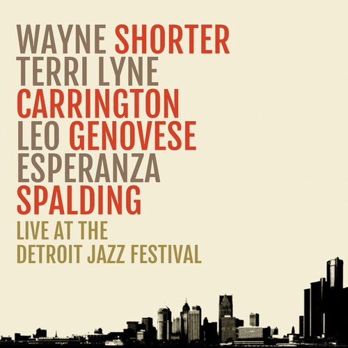 Cover art for 'Wayne Shorter - Live At The Detroit Jazz Festival' featuring a stylized cityscape with buildings and the Detroit Jazz Festival logo.