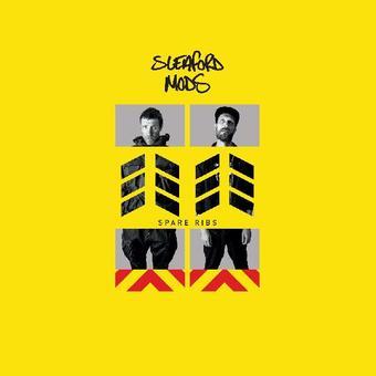 Yellow vinyl record album cover for Sleaford Mods album Spare Ribs featuring a black and white photo of the band members.