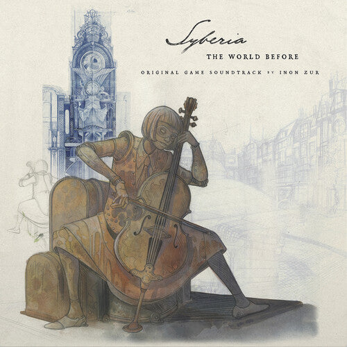 Cover art for 'Syberia: The World Before' soundtrack album featuring a stylized illustration of a woman playing a cello on a pedestal, with a vintage cityscape background.