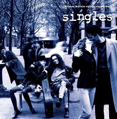 The product image shows the cover of the 'Singles' soundtrack vinyl record, featuring a black and white photograph of several individuals sitting and standing on a street, indicative of the film's aesthetic.