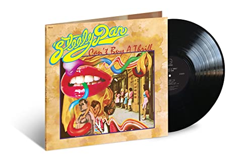 A vinyl record of the album 'Can't Buy A Thrill' by Steely Dan, featuring a colorful illustration on the cover.