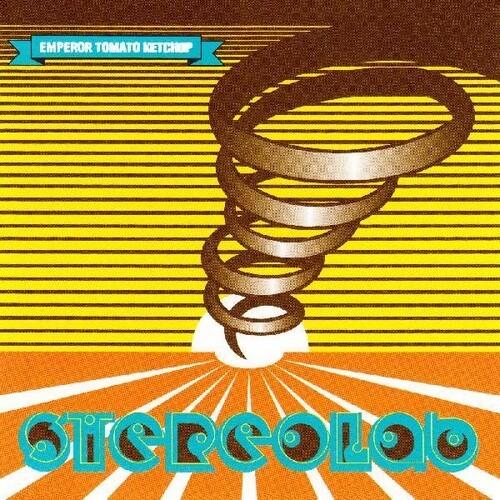 Album cover art for Stereolab's Emperor Tomato Ketchup featuring a stylized graphic of a tornado with the band's name in bold letters.