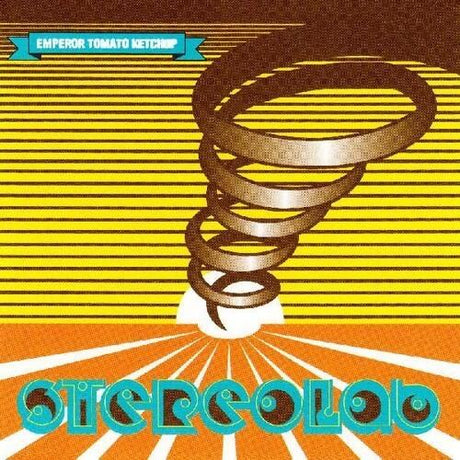 Album cover art for Stereolab's Emperor Tomato Ketchup featuring a stylized graphic of a tornado with the band's name in bold letters.