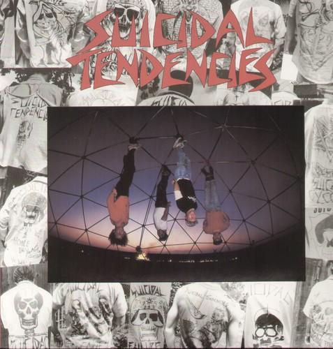 Album cover for 'Suicidal Tendencies' with geometric design and people hanging upside down.