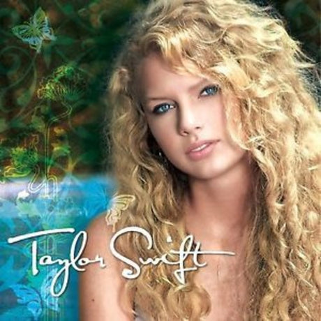 Taylor Swift album cover for the 2006 self-titled debut studio album, featuring Taylor Swift's image with butterflies and the album title.