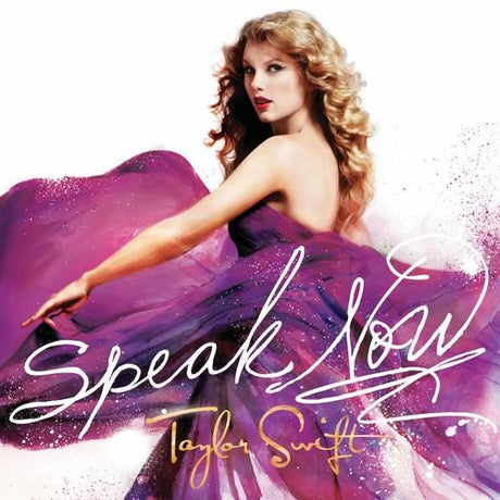 Taylor Swift album 'Speak Now' cover art featuring Taylor Swift in a purple dress with a dynamic pose.