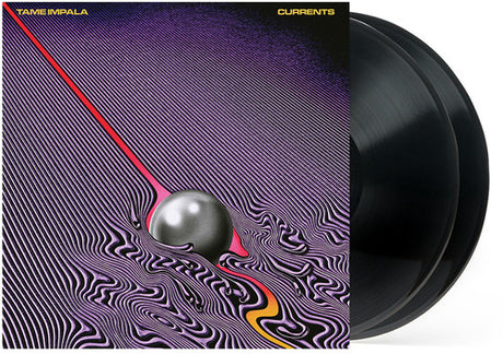 Vinyl record album cover for Tame Impala - Currents featuring a purple and black design with a central white sphere and red lines.