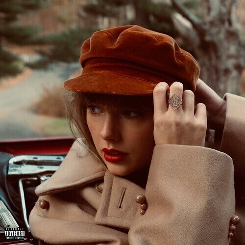 image of Taylor Swift wearing a red hat and coat, suggestive of the album cover.